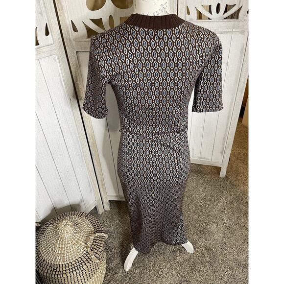 Zara Midi Sweater Dress Brown Blue Short Sleeve Bodycon Womens Sz Small - Picture 2 of 7